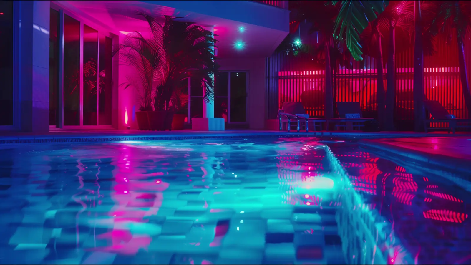 Piscina iluminada de noche con LED de colores